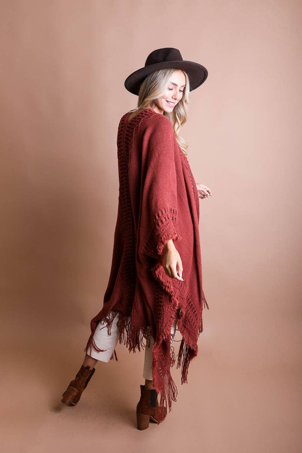 Rust Open Work Frayed Ruana