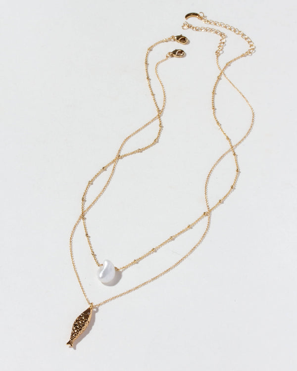 Luna Norte - Golden Catch Necklace Set – Sardine Charm & Keshi Pearl