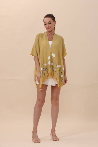 Floral Embroidered Tassel Hem Kimono Cardigan