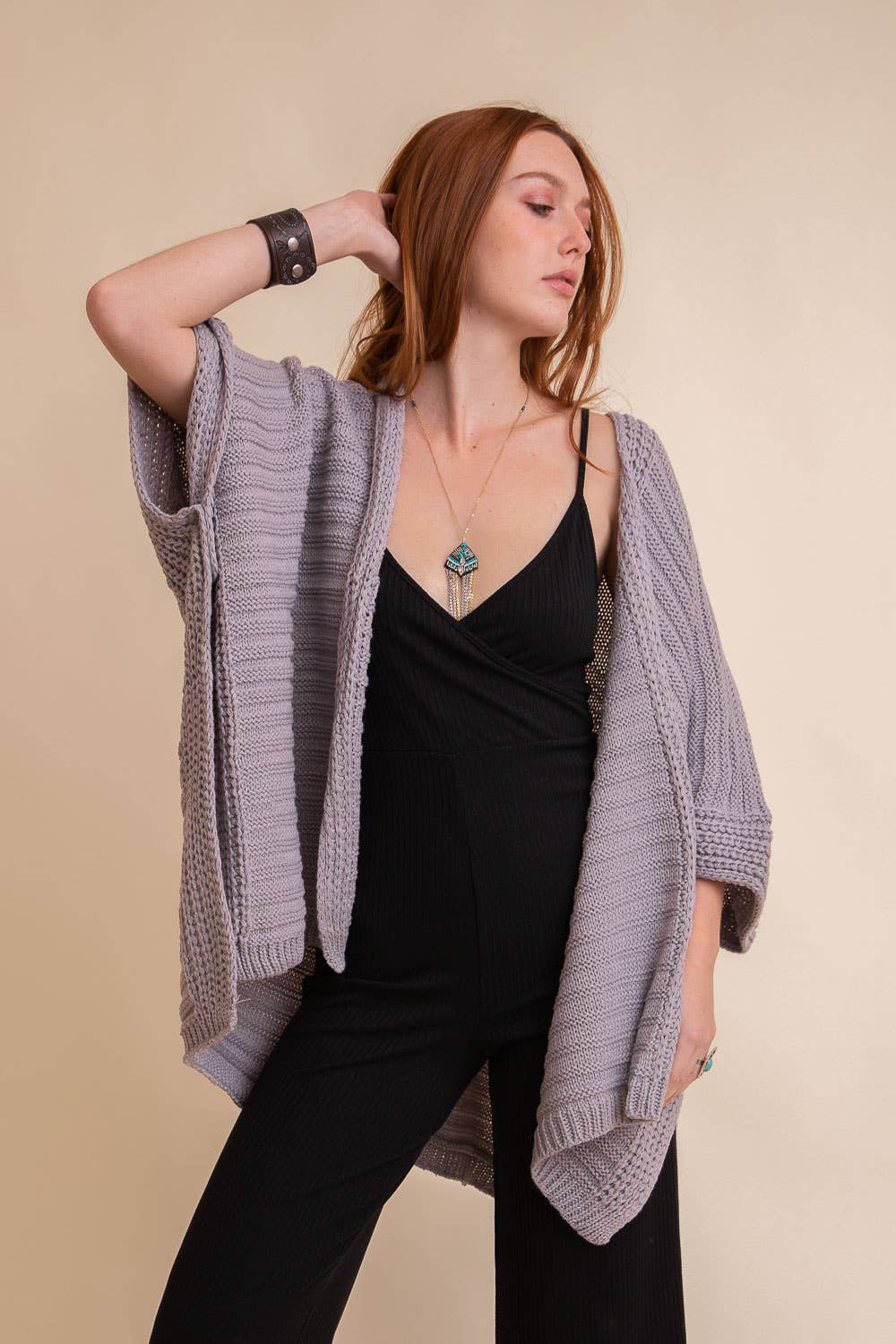 Gray Ridged Rib Knit Ruana