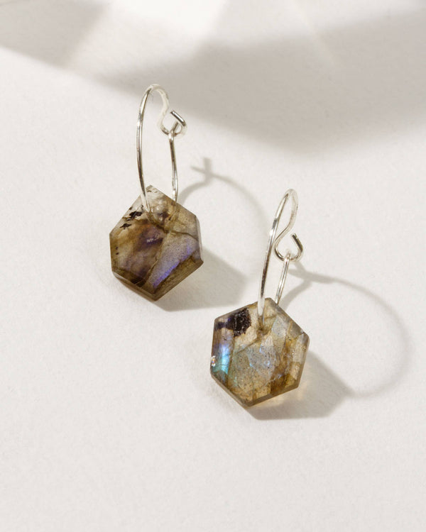 Luna Norte - Sterling Silver Geometry Mini Hoop Earrings- Labradorite