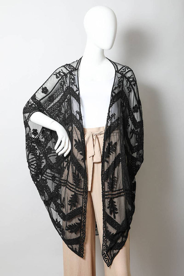 Leto Accessories - Ethereal Embroidered Mesh Leaf Kimono