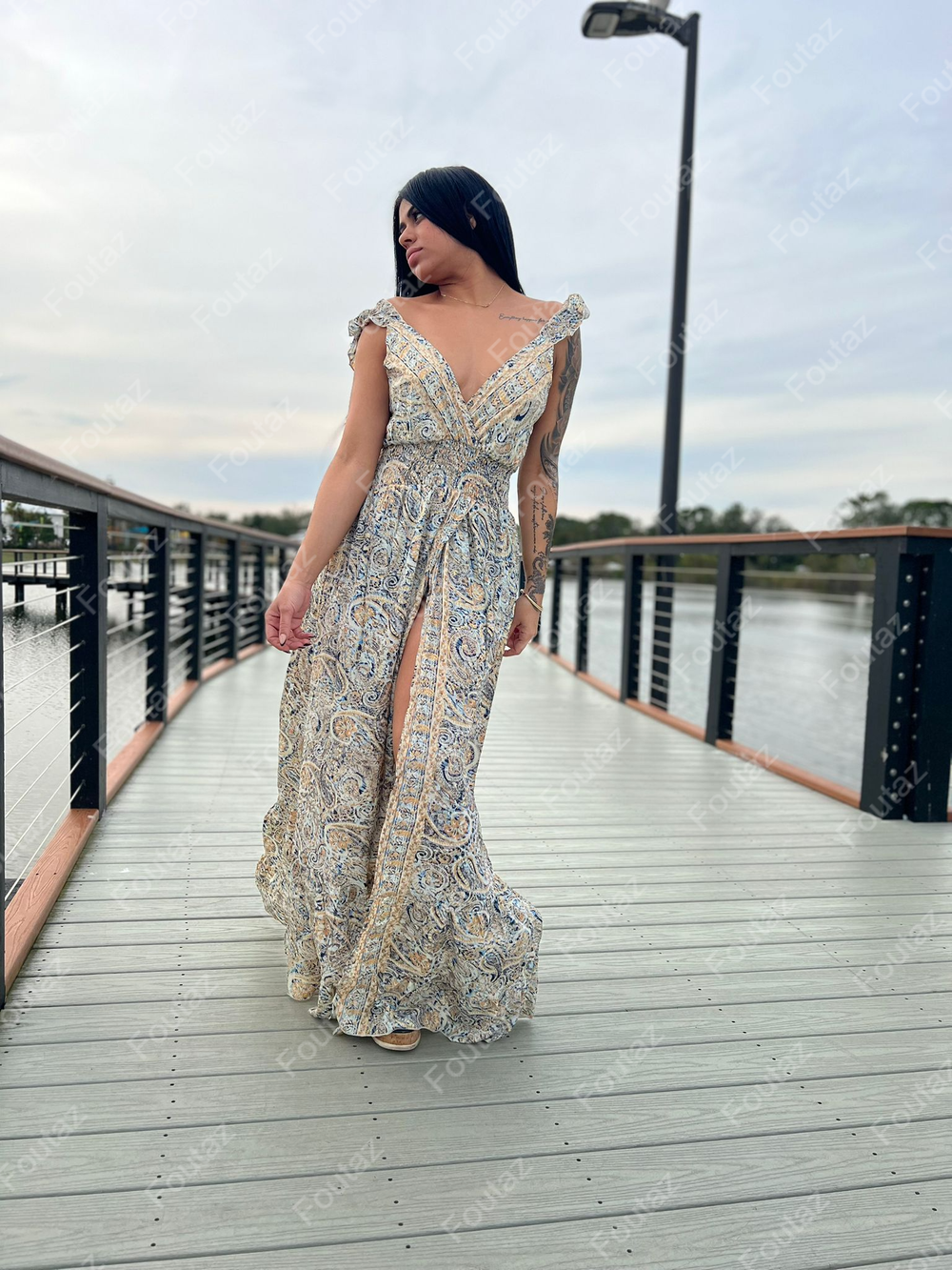 Open Front Ruffle Maxi Dress