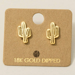 Fame Accessories - Gold Dipped Dainty Desert Cactus Stud Earrings