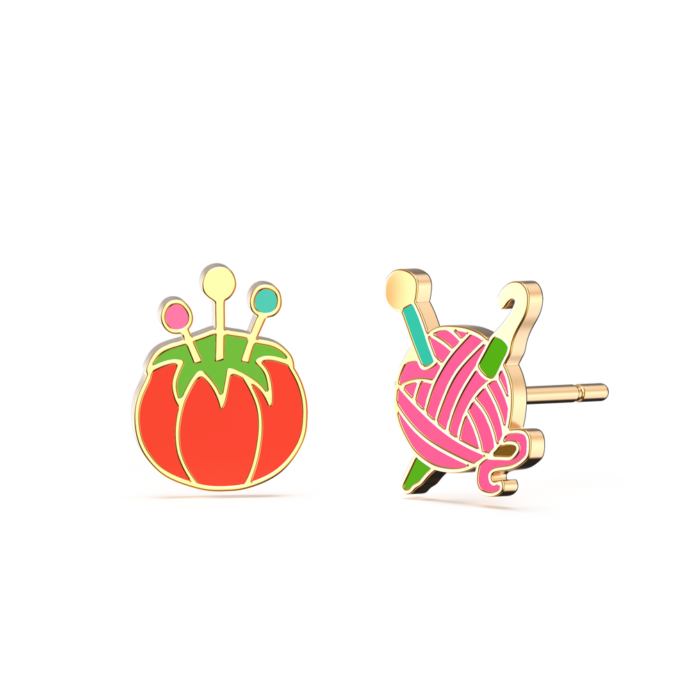 Yellow Owl Workshop - Tomato Pincushion & Yarn Earrings | Mismatched Gold Studs