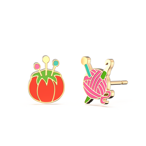 Yellow Owl Workshop - Tomato Pincushion & Yarn Earrings | Mismatched Gold Studs