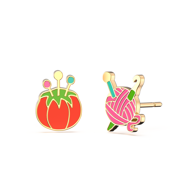 Yellow Owl Workshop - Tomato Pincushion & Yarn Earrings | Mismatched Gold Studs