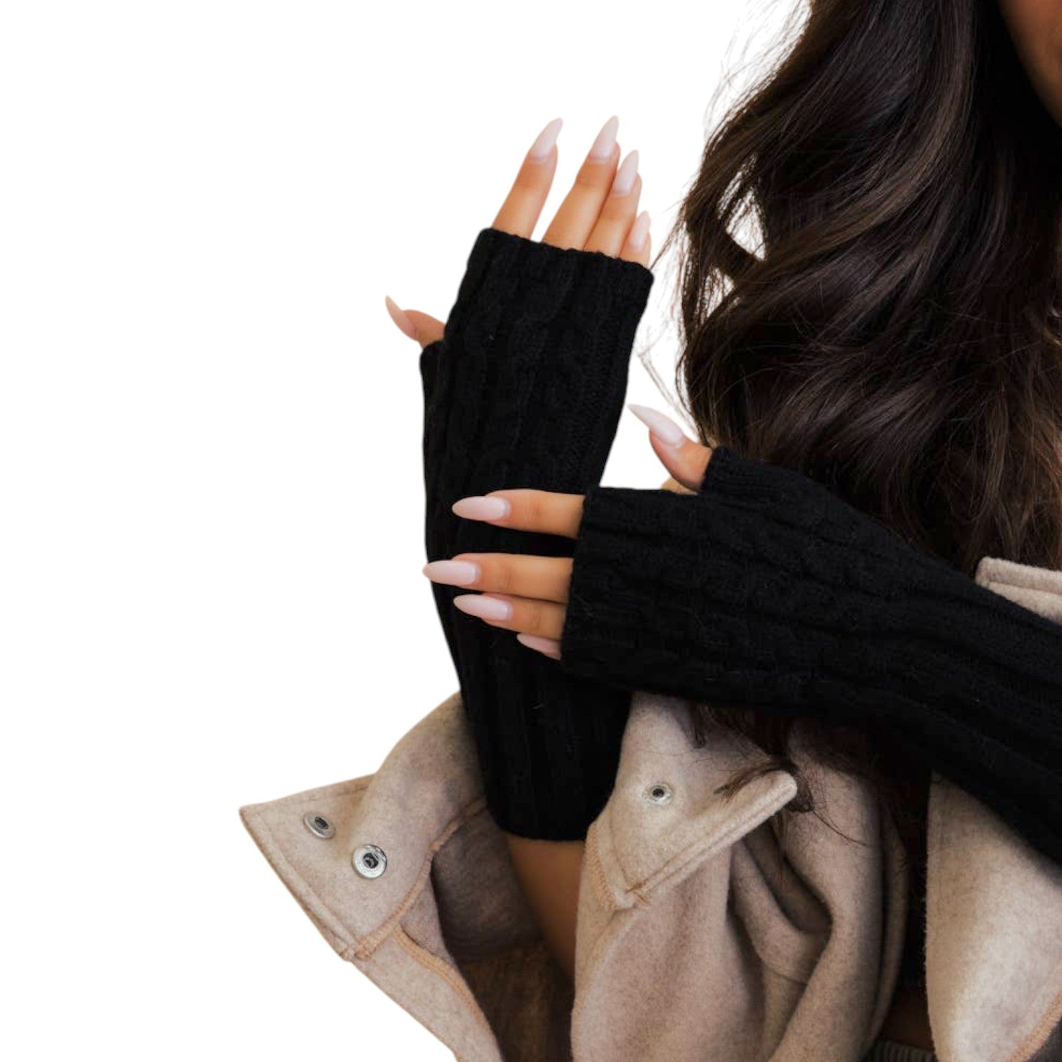 Black Winter Cable Knit Fingerless Gloves