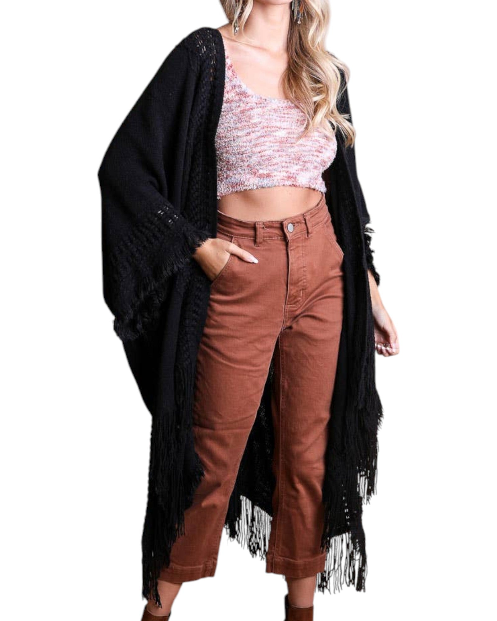 Black Open Work Frayed Ruana