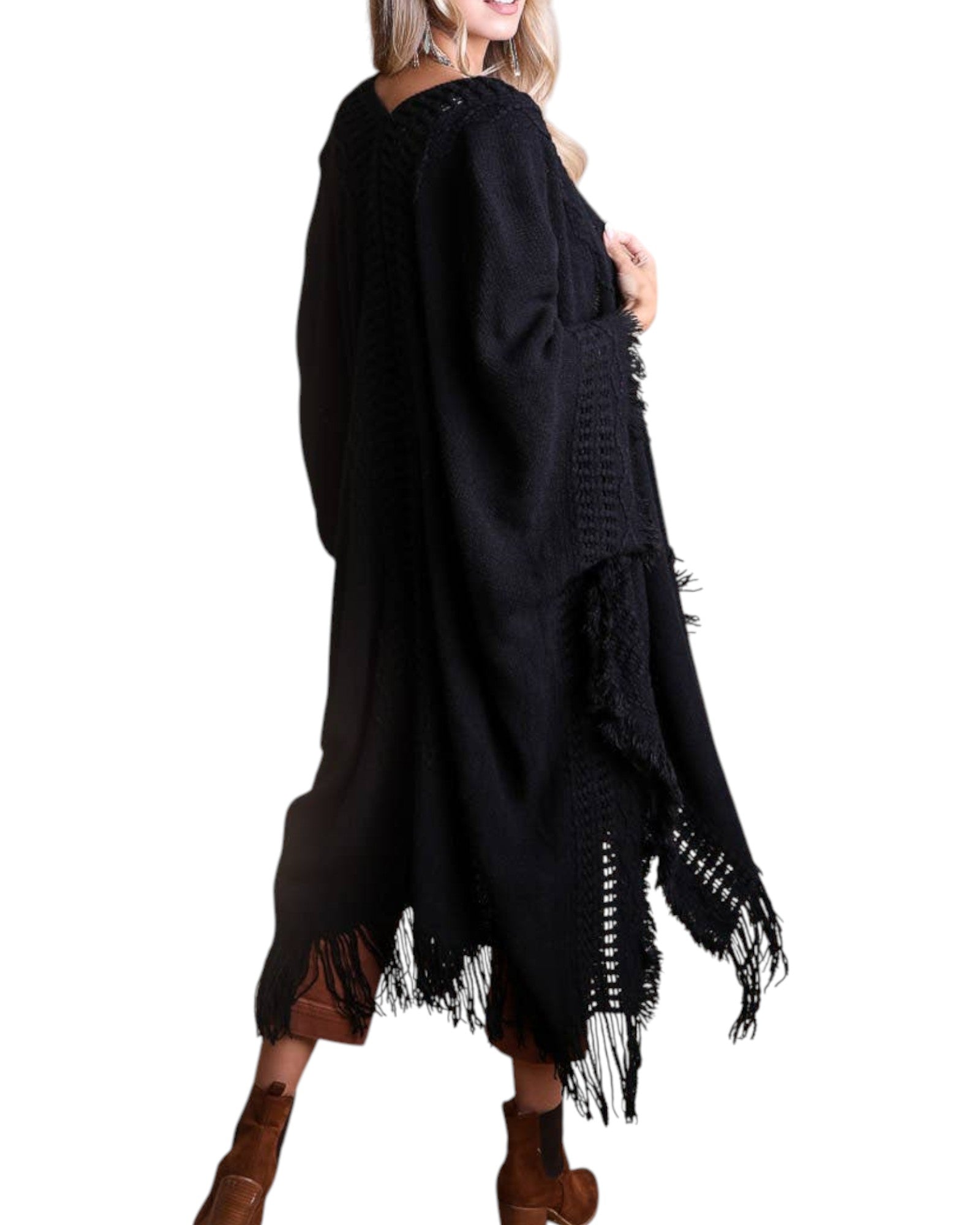 Black Open Work Frayed Ruana