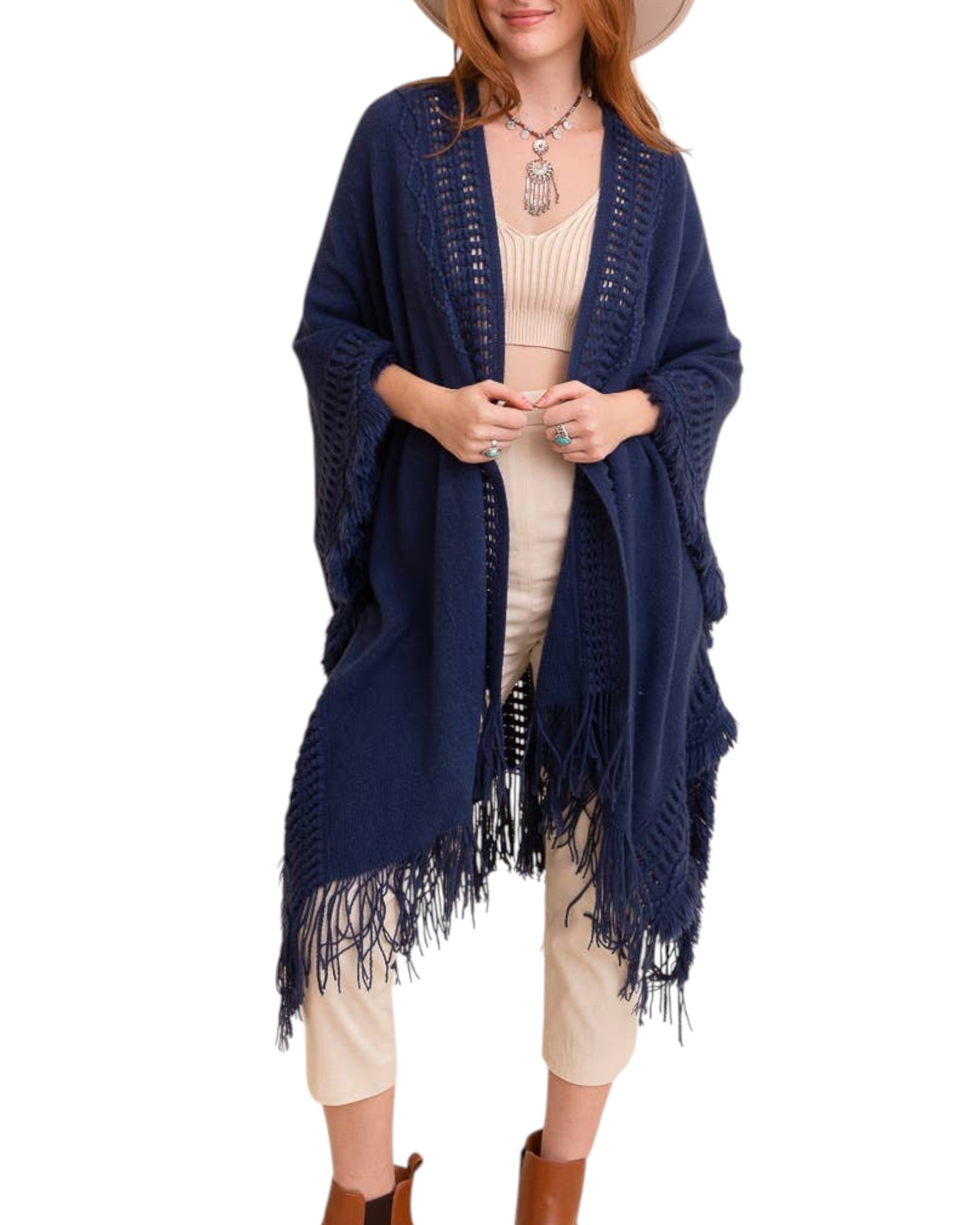 Deep Blue Open Work Frayed Ruana