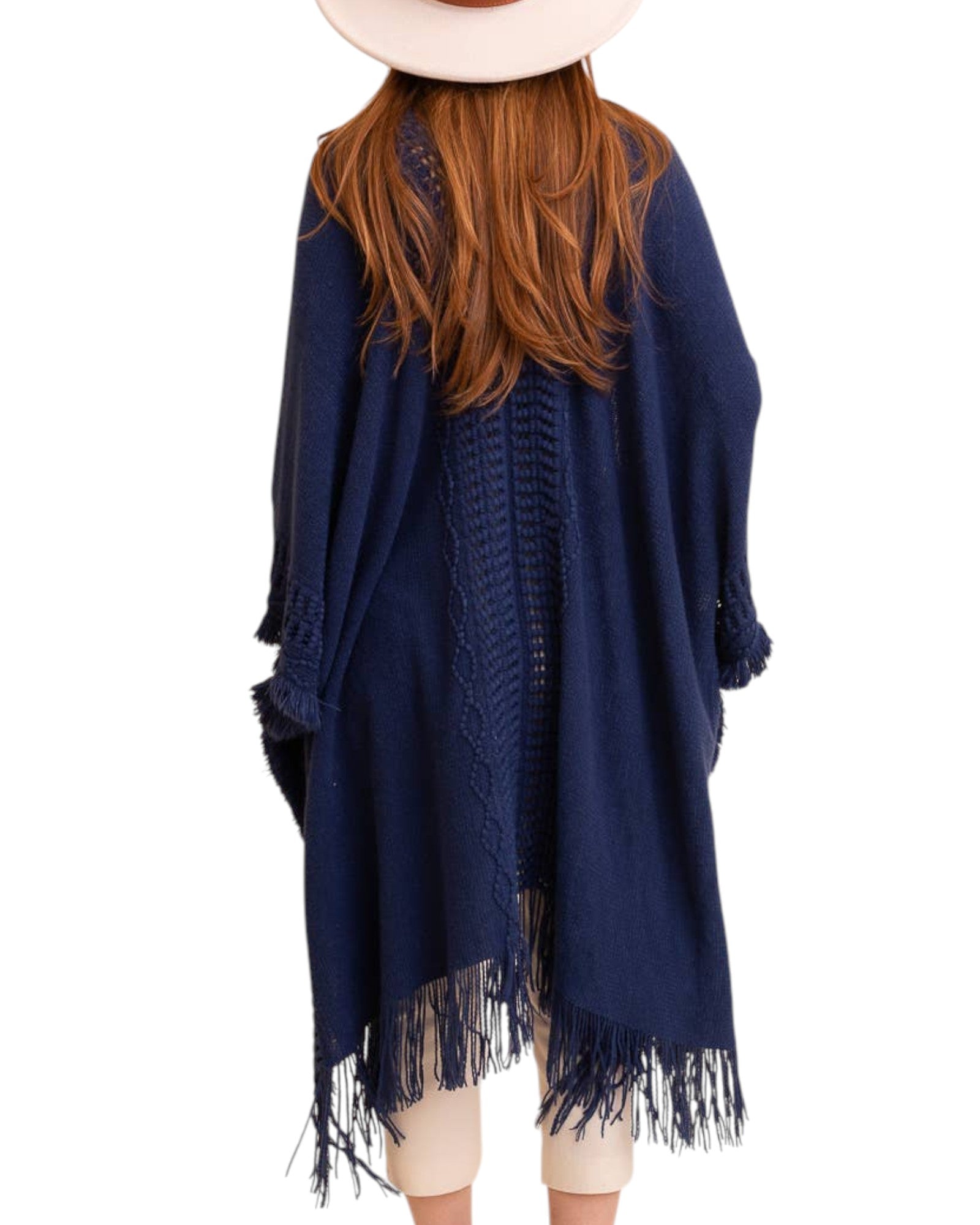 Deep Blue Open Work Frayed Ruana