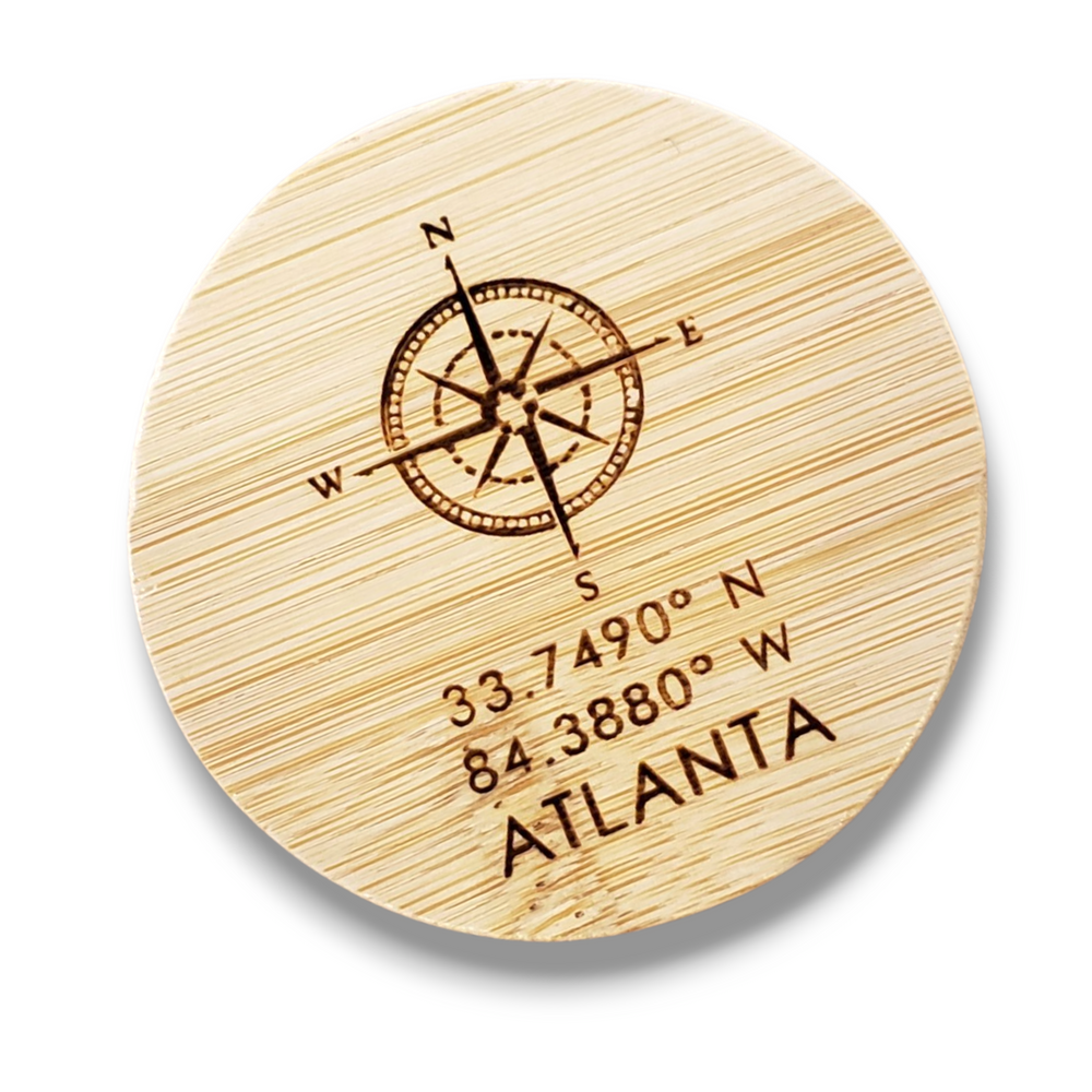 Round Magnetic Wood Engraved Bottle Opener - Atlanta Compass