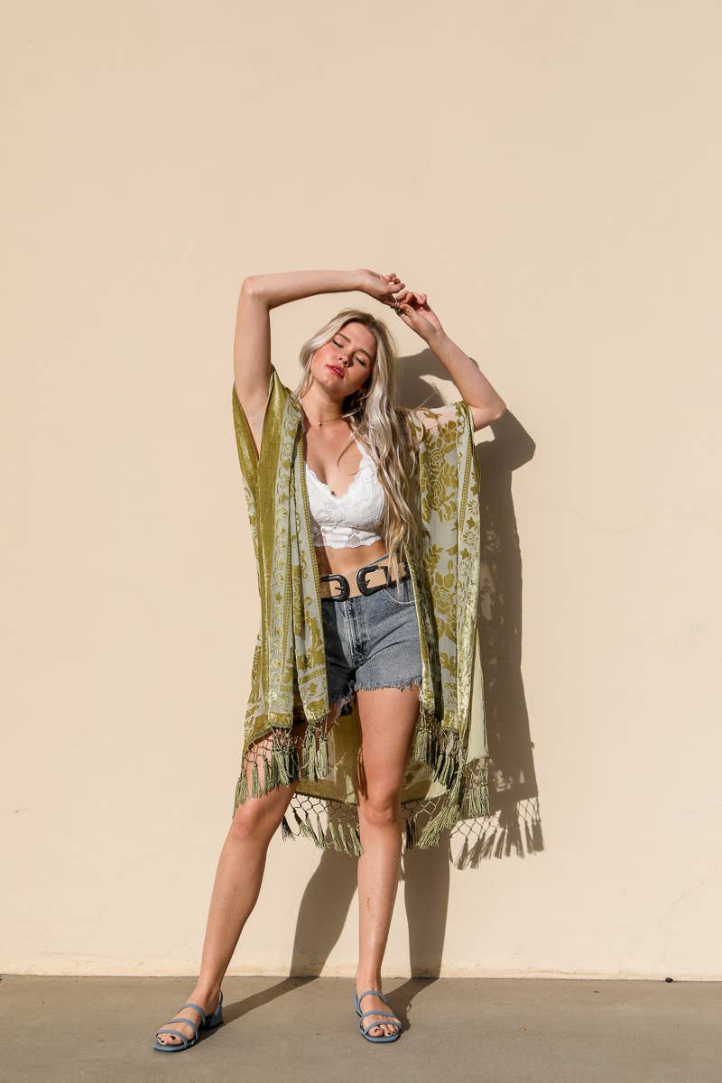 Ochre Western Velvet Mesh Tapestry Tassel Kimono