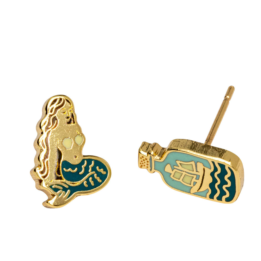 Yellow Owl Workshop - Mermaid & Bottle Earrings | Mismatched Gold Studs