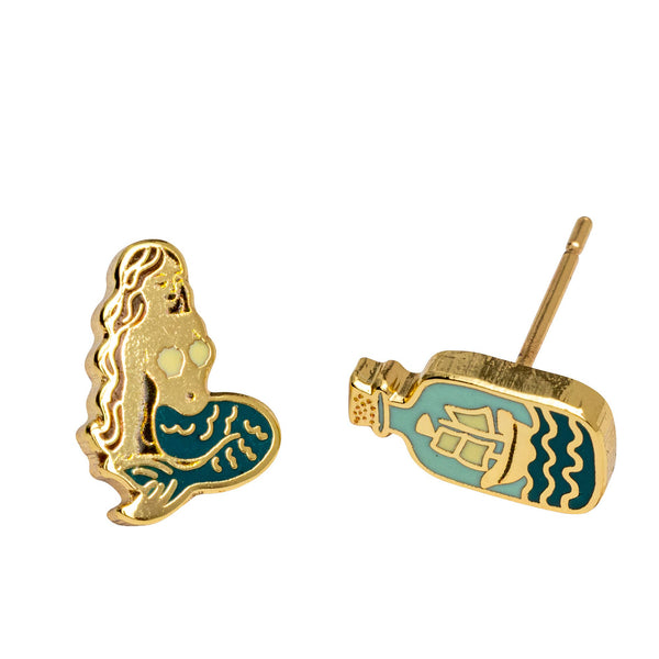 Yellow Owl Workshop - Mermaid & Bottle Earrings | Mismatched Gold Studs