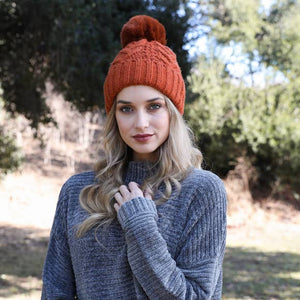 Pink Cable Knit Pom Beanie