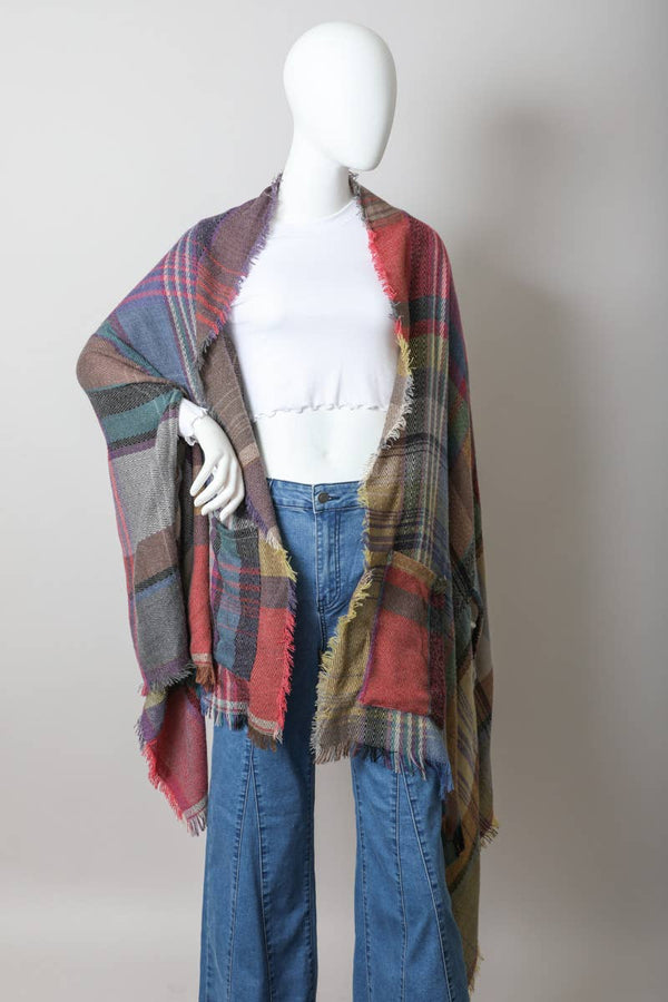 Light Pink Multicolor Plaid Pocket Ruana