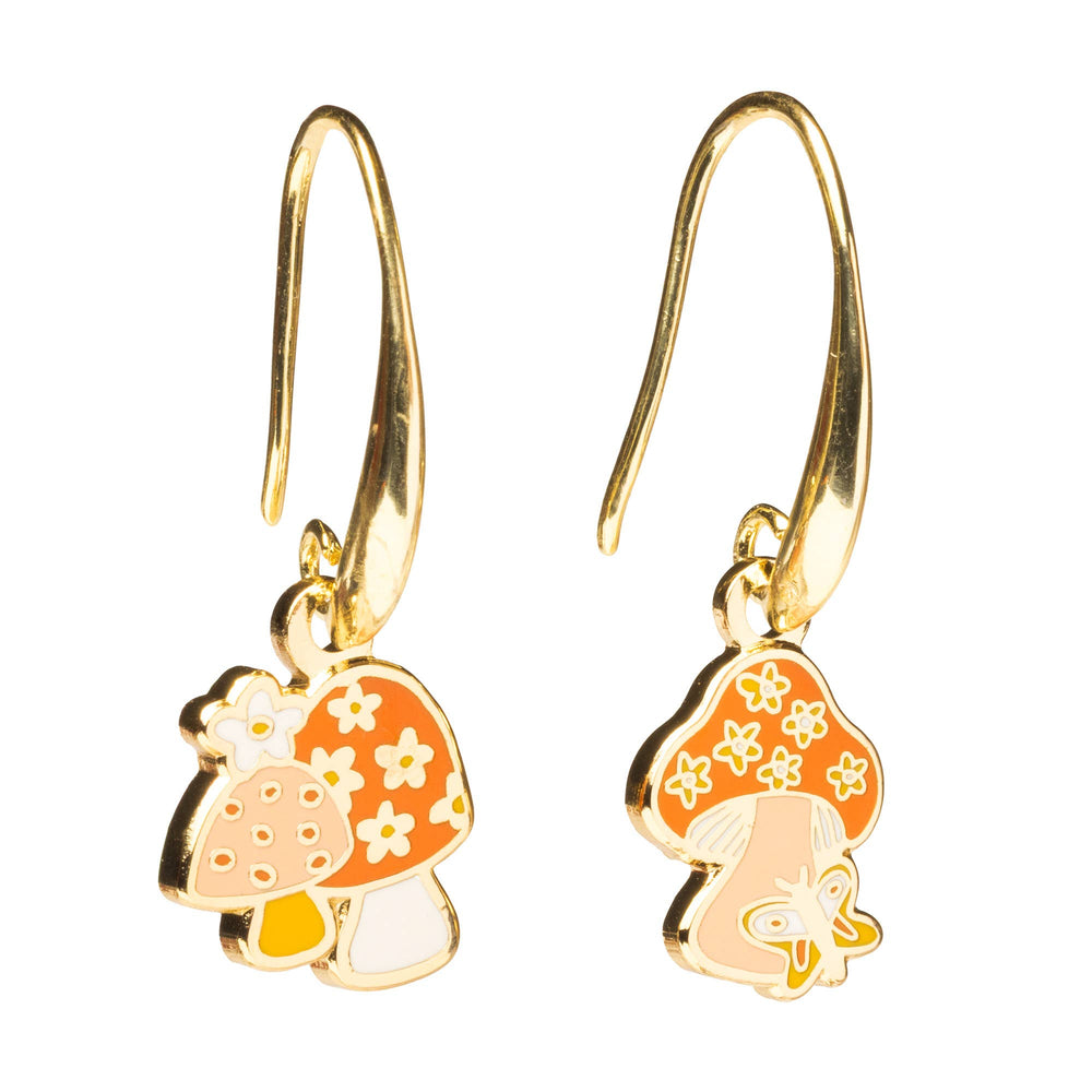 Yellow Owl Workshop - Magic Mushroom Gold Drop Earrings | Psychedelic 70s Jewelry