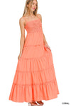 42POPS - ...SI-22971 Woven Smocked Top Tiered Cami Maxi Dress: L / BUTTER ORANGE-141427