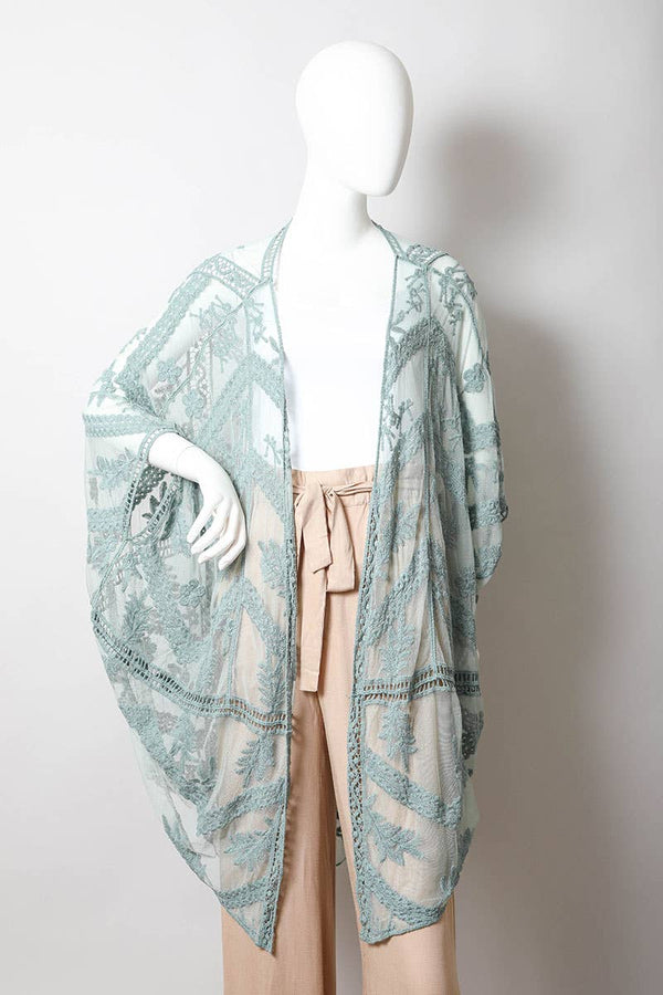 Leto Accessories - Ethereal Embroidered Mesh Leaf Kimono