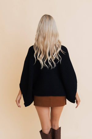 Black Metro Elegance Rib-Knit Arm Poncho