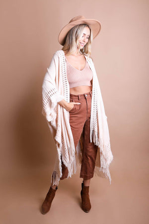 Rust Open Work Frayed Ruana