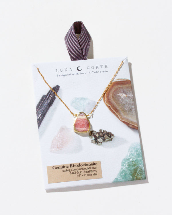 Luna Norte - Earth, Wind and Fire Stone Necklace Gold- Rhodochrosite