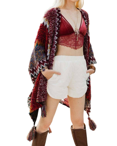 Burgundy Colorful Crochet Ruana