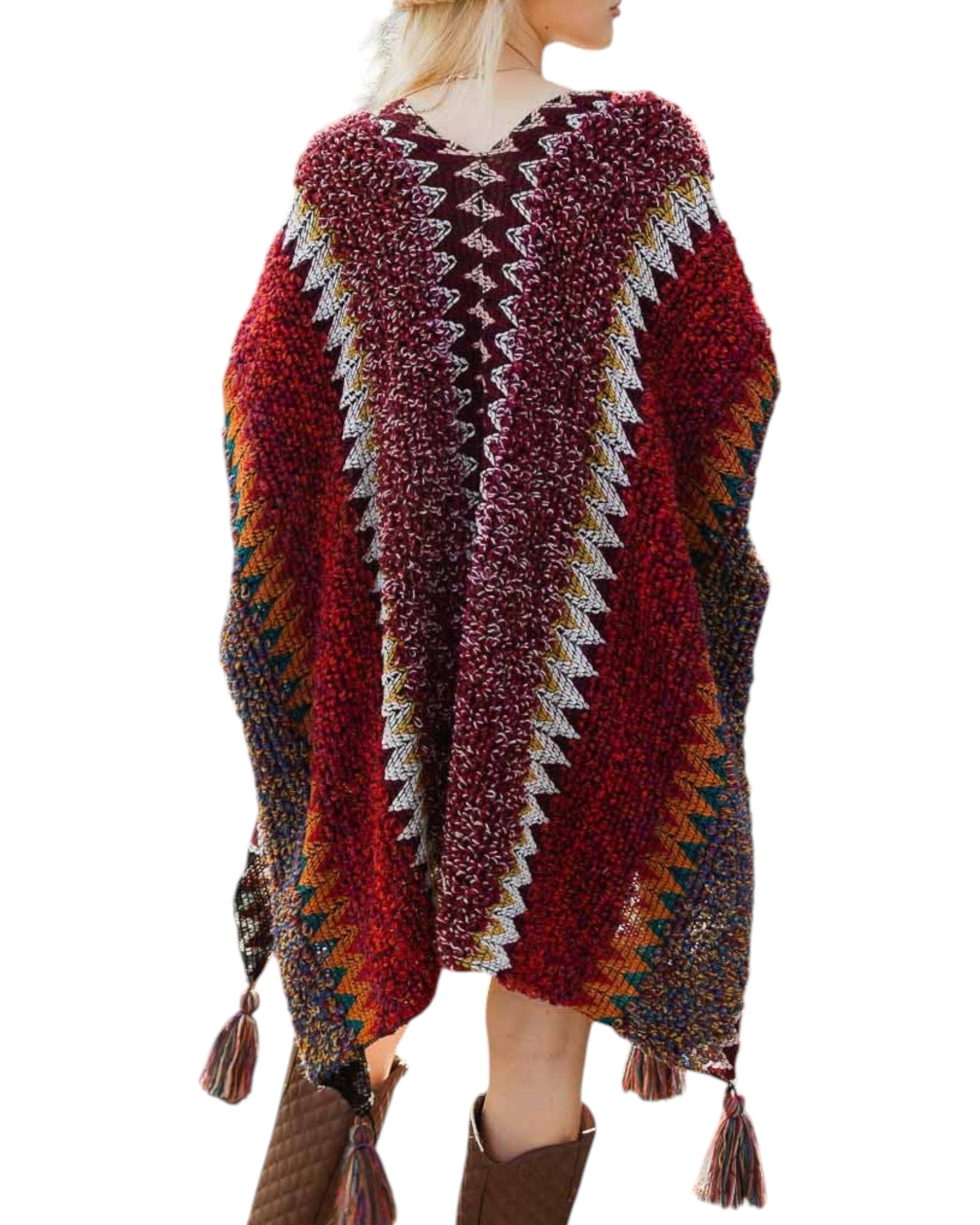 Burgundy Colorful Crochet Ruana