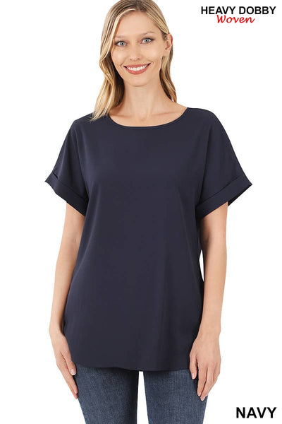 42POPS - .SI-15944 WOVEN HEAVY DOBBY ROLLED SLEEVE BOAT NECK TOP: LTNAVY-150221 / S