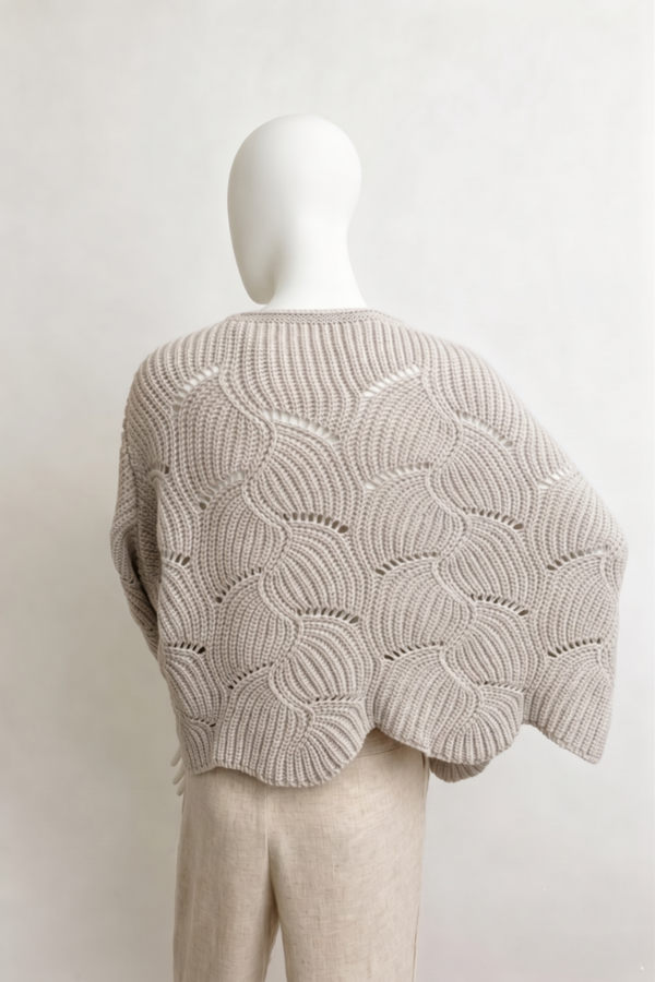 Leto Accessories - Ribbed Knit Pattern Poncho w/ Sleeves: Ivory