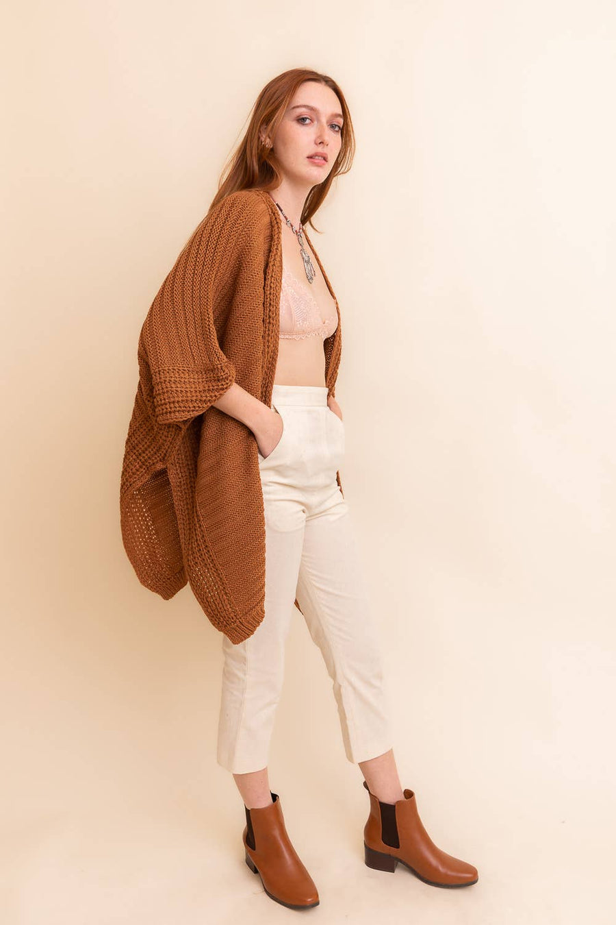 Camel Ridged Rib Knit Ruana