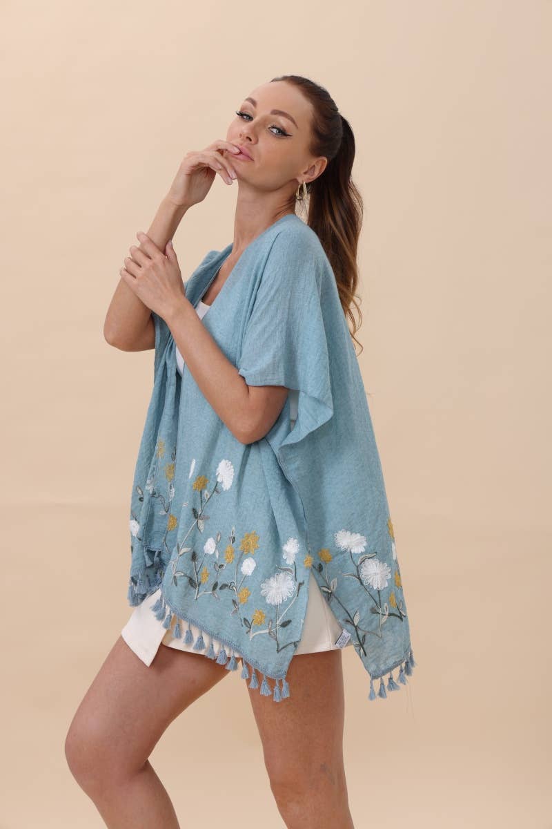 Floral Embroidered Tassel Hem Kimono Cardigan