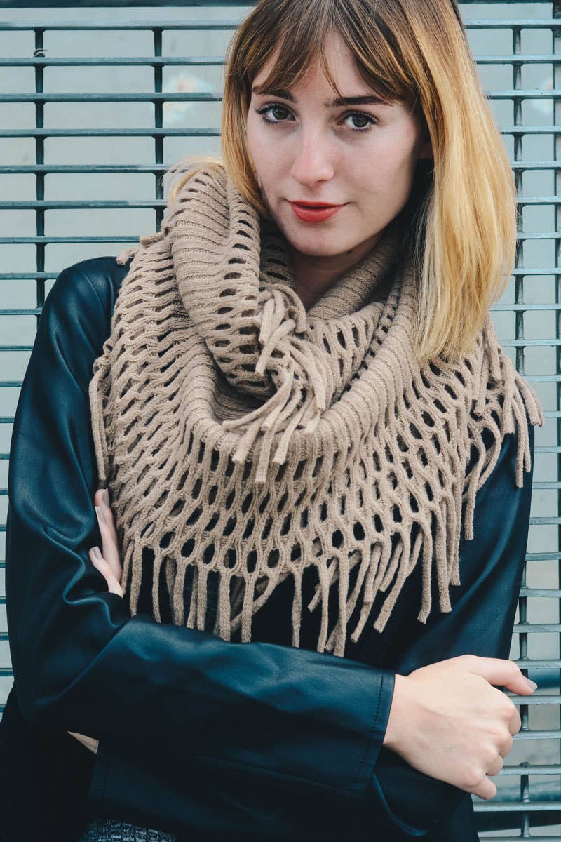 Mocha Tassel Fringe Knit Infinity Scarf