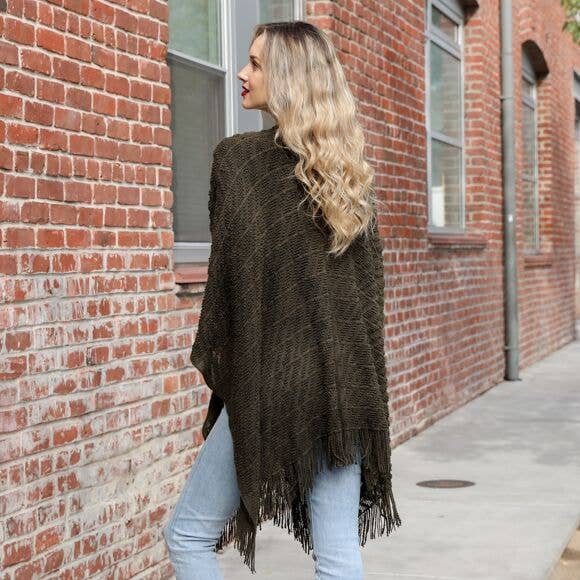 Leto Accessories - Soft Diagonal Knit Tassel Trim Ruana