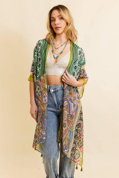 Paisley Print Open Front Kimono w/ Cinched Arms