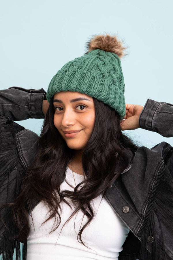 Leto Accessories - Fur Pom Knit Beanie - Ideal for Winter Adventures 🏂: Pine