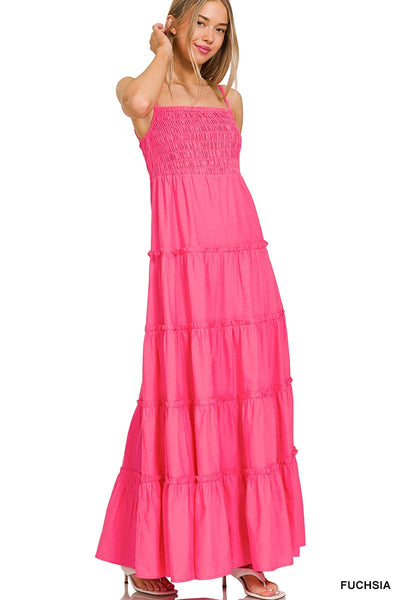 42POPS - ...SI-22971 Woven Smocked Top Tiered Cami Maxi Dress: L / BUTTER ORANGE-141427