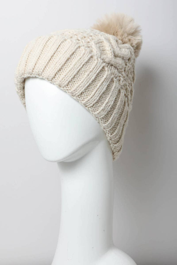 Pink Cable Knit Pom Beanie