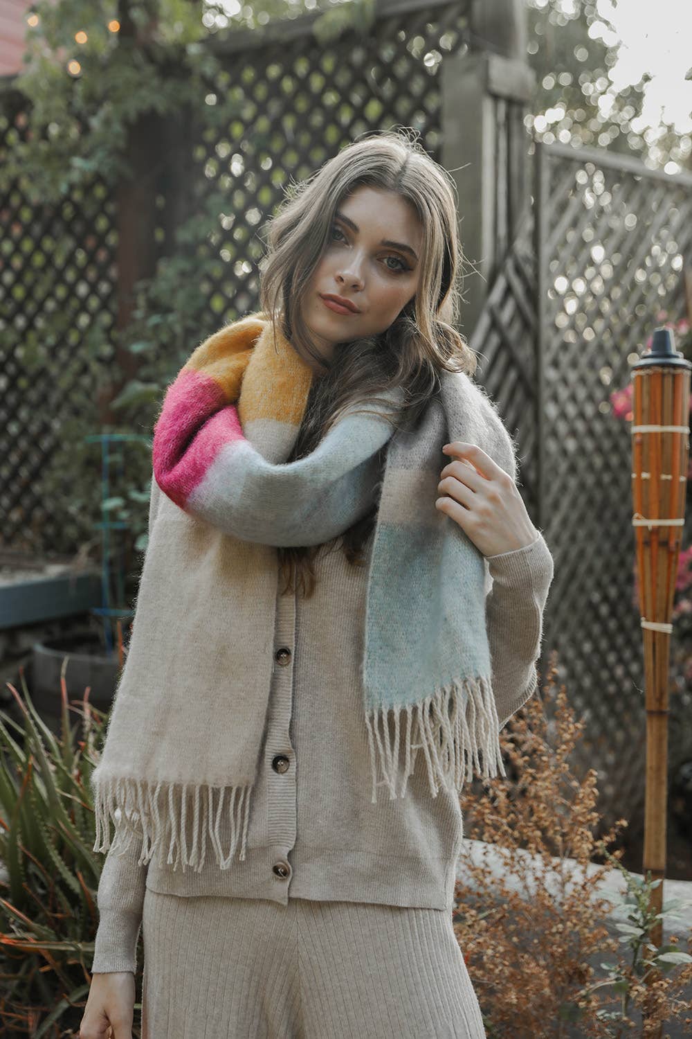 Cozy Color Block Scarf - Light Blue + Oatmeal