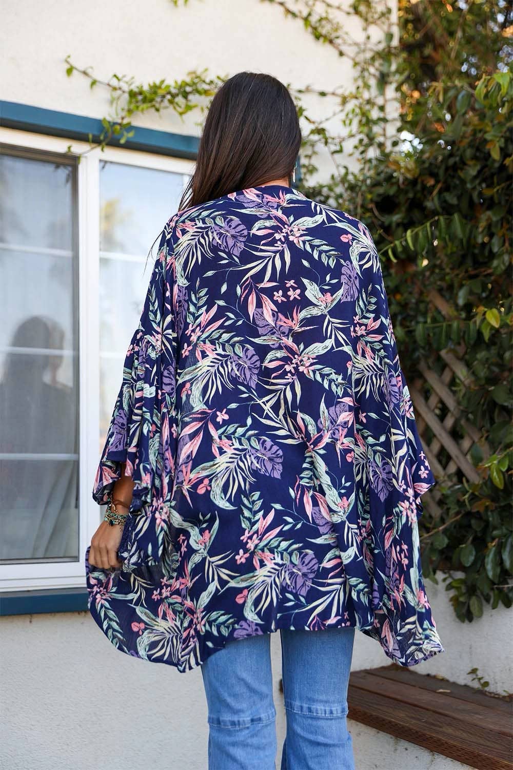 Deep Blue Tropical Leaves Draped Sleeve Kimono
