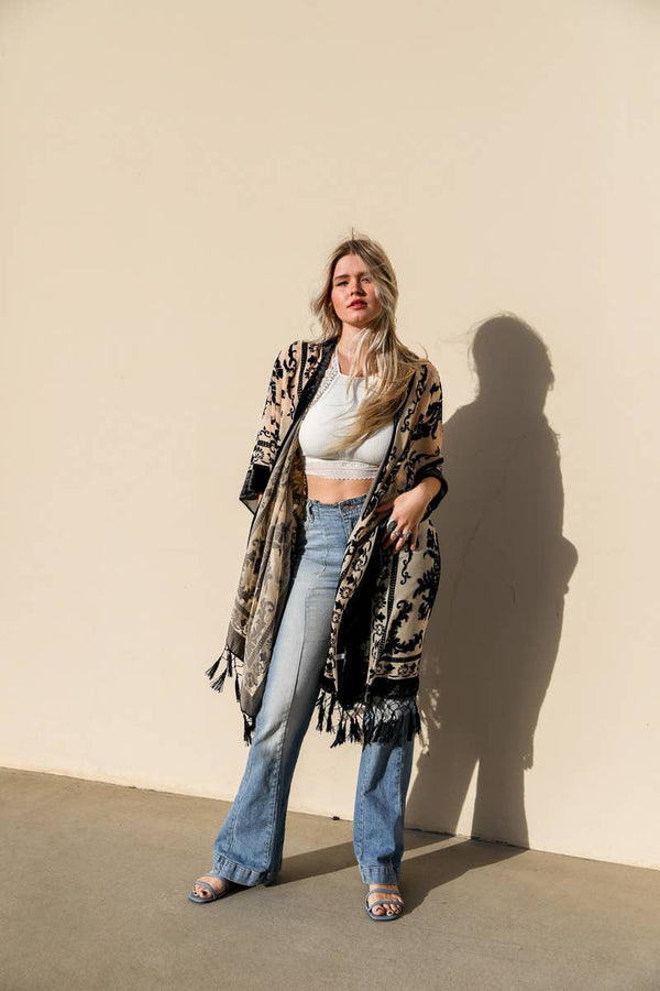 Leto Accessories - Western Velvet Mesh Tapestry Tassel Kimono