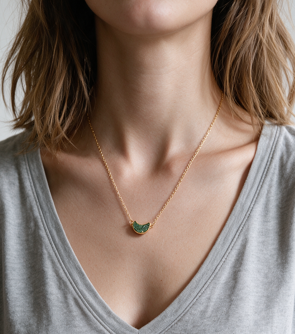Moon Druzy Necklace - Deep Green