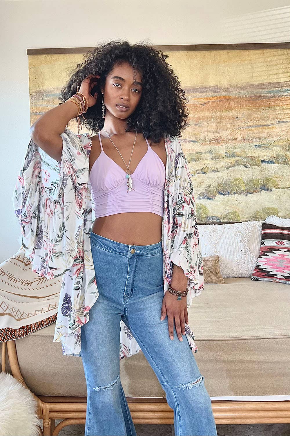 Blanc Tropical Leaves Draped Sleeve Kimono