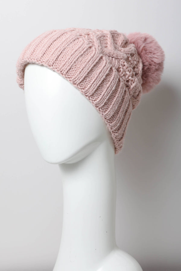 Pink Cable Knit Pom Beanie