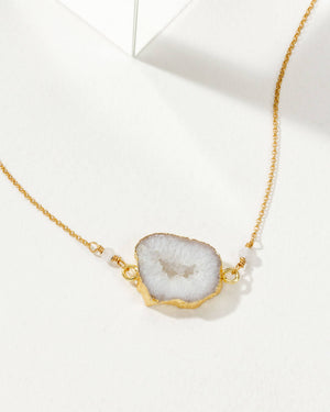 White Agate Geode Earthly Geode Necklace- Agate & Moonstone