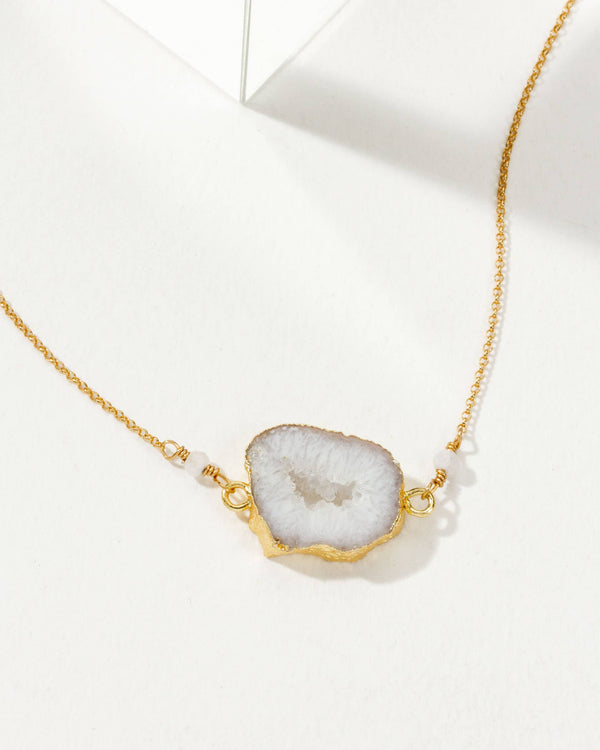 White Agate Geode Earthly Geode Necklace- Agate & Moonstone