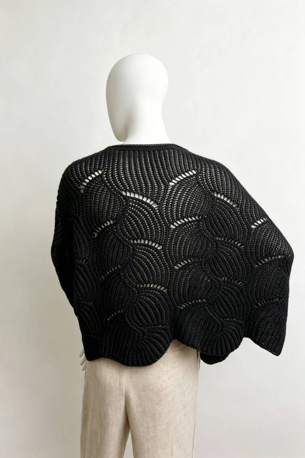 Leto Accessories - Ribbed Knit Pattern Poncho w/ Sleeves: Ivory