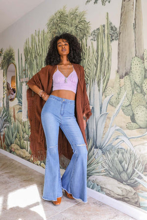 Brown Open Work Frayed Ruana